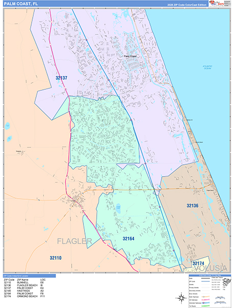 Palm Coast City Wall Map Color Cast Style